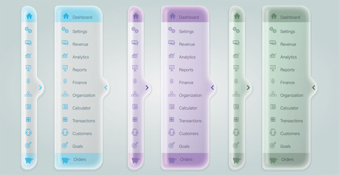 Glassmorphic collapsible sidebar navigation menu in three color variants.