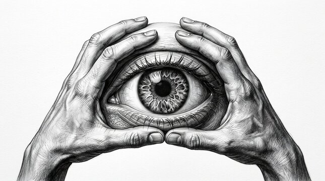 Pencil sketch illustration of two human hands holding wide open human eye symbolizing perspective awareness observation and deep analytical vision insight.