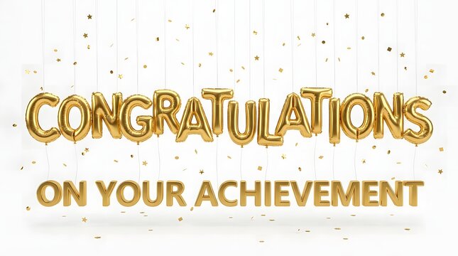 Golden congratulations message with achievement text on a bright white marble background