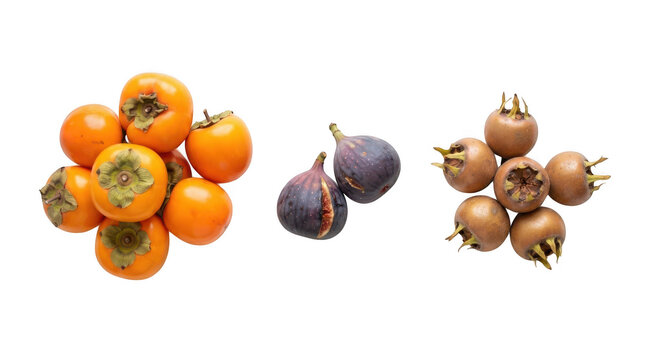 Top view of fresh ripe persimmons, figs, and medlar fruits isolated on transparent background