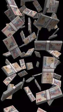 Vertical Mongolia Money, Falling Mongolian Tugrik Bills Black Background, Premium Steppe Ulaanbaatar Finance Cash Stacks, 4K