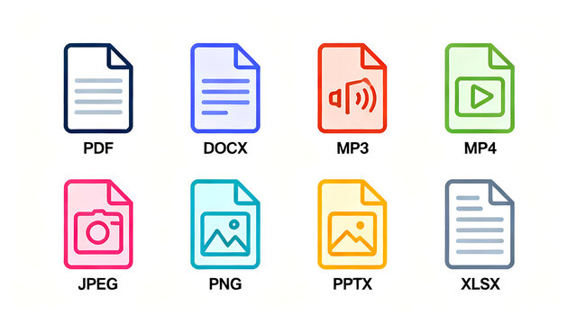 Collection of colorful digital file format icons for document and media types