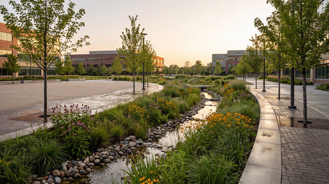 Sustainable urban rain garden with native plants, stream, walkways, trees and modern campus buildings at sunset after rainfall in a landscaped plaza