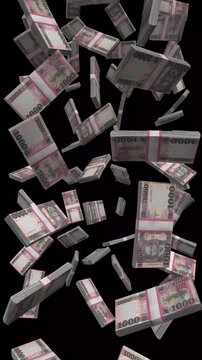 Vertical South Sudan Money, Falling South Sudanese Pound Bills Black Background, Premium East Africa Juba Finance Cash Stacks, 4K