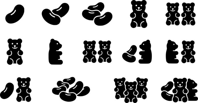 Jelly Bean & Gummy Bear Silhouette Icon Set. Collection of food & culinary silhouettes, including jelly bean & gummy bear, detailed dessert and sweets shapes, and more.