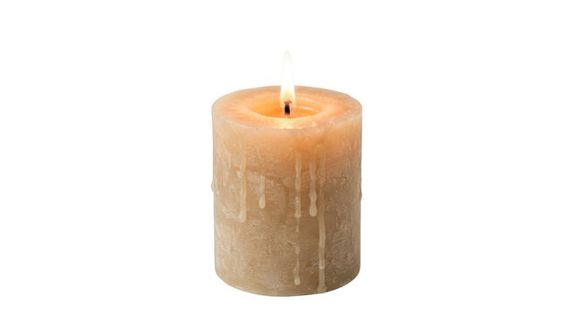 A rustic, textured pillar candle with a warm, glowing flame and realistic wax drips running down the sides, isolated on transparent background