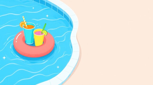 Flat vector illustration of pink inflatable floating drink holder with two colorful cocktails in a blue swimming pool, summer vacation and relaxation concept with copy space.