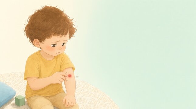 Child scratching itchy bug bite on arm, red swollen skin irritation, sad kid suffering insect allergy reaction, healthcare and medical care concept illustration.
