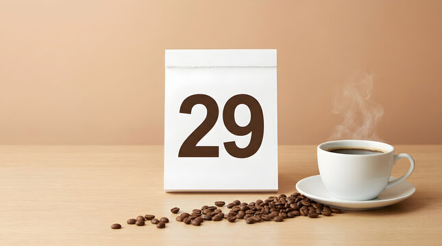 A white calendar showing the date twenty nine with a cup of steaming hot coffee and roasted coffee beans on a wooden table setup