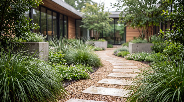 Modern residential garden path with stepping stones, gravel walkway, lush ornamental grasses, concrete planters and wood clad house exterior view
