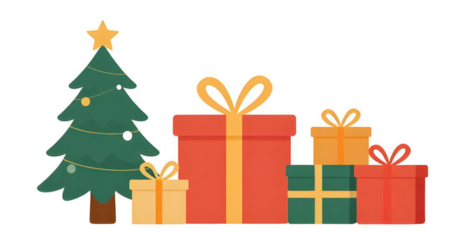 Set Christmas Tree and Gift Boxes Vector Graphic Illustration Holiday Banner Design Backdrop