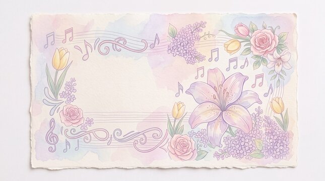 Pastel Watercolor Floral Music Frame on Textured Paper Background