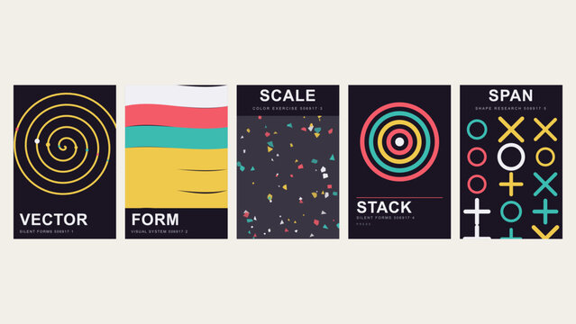Form, scale, stack, span, five posters with geometric symbols, spirals, colorful bars, and scattered shapes on dark backgrounds