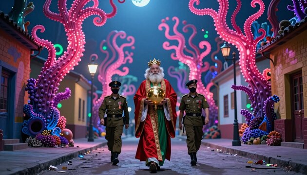 Royal Figure with Soldiers Amidst Colorful Octopus Sculptures in Vibrant Street Scene