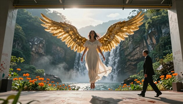 Ethereal Angel with Golden Wings Over Waterfall and Lush Greenery