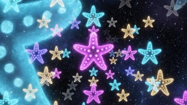 Colorful neon starfish floating in space against a dark starry background for meditation or relaxation