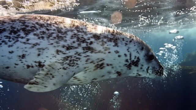 Harbor Seal Gracefully Swimming Underwater in the Ocean