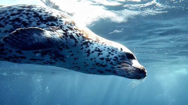 Harbor Seal Gracefully Swimming Underwater in the Ocean