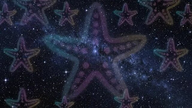 Seamless looping animated background of glowing neon starfish floating in a beautiful starry night sky with milky way galaxy