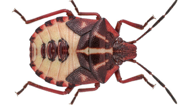 Detailed underside view of a red and brown stink bug, isolated on transparent background