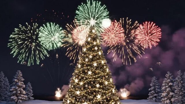 Festive Christmas tree in winter landscape sparkling with star lights, surrounded by colorful fireworks display at night