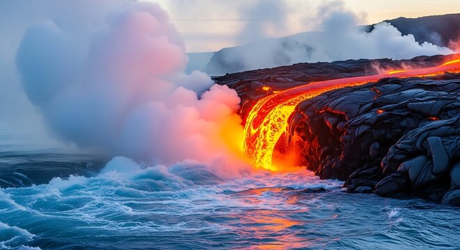 Molten lava flowing from volcanic rock into the ocean creating steam clouds at sunset