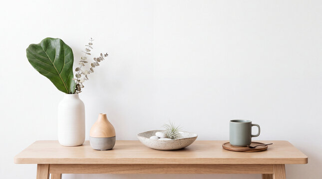 Minimalist wooden console table with vase, green leaf, ceramic bowl, diffuser and mug against white wall in serene Scandinavian home decor setting