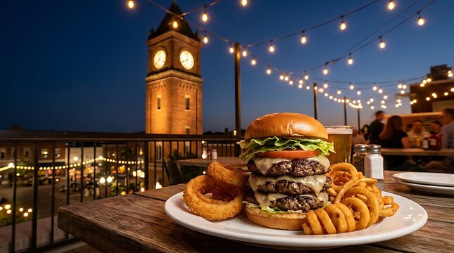 A triple cheeseburger with onion rings and fries served on a rooftop terrace overlooking an old town clock tower