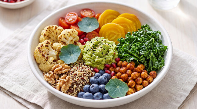 Colorful vegan Buddha bowl with avocado, roasted chickpeas, kale, cauliflower, quinoa, blueberries, beet slices, tomatoes, walnuts and pomegranate