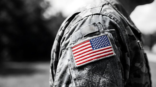 Close up of an American flag patch on a military soldier uniform