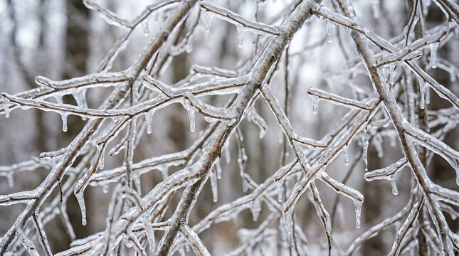 Close up view of tree branches covered in thick clear ice during a cold winter day
