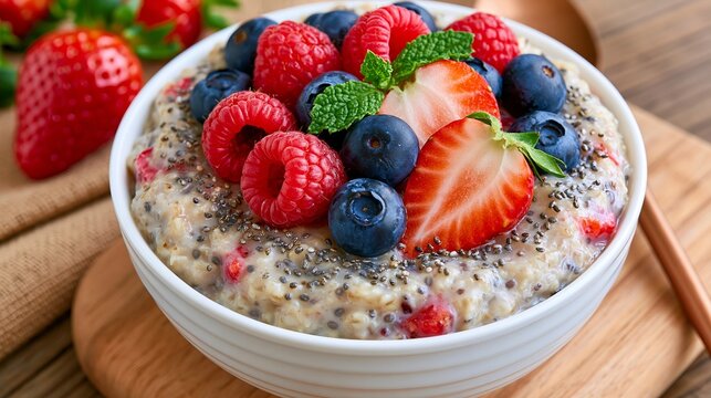 Oatmeal bowl topped with fresh strawberries blueberries raspberries chia seeds