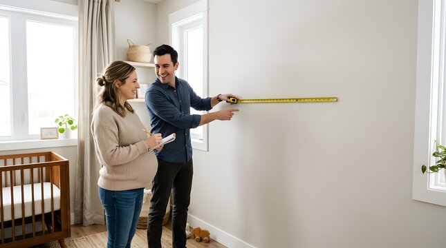 Pregnant woman and man measuring nursery wall with tape measure
