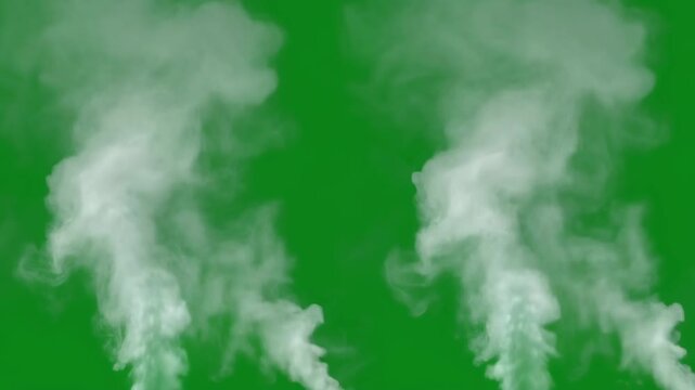 White smoke plume rising and swirling with atmospheric motion against a green screen background
