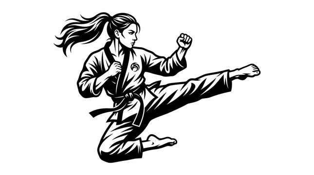 Black and white illustration of a female martial artist performing a high side kick in uniform