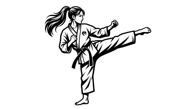 A black and white illustration of a female martial artist performing a high side kick movement
