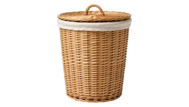 Woven wicker laundry hamper with fabric liner and lid, isolated on transparent background