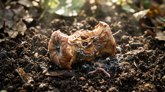 Decaying apple core resting on dark moist soil with an earthworm in a natural outdoor environment