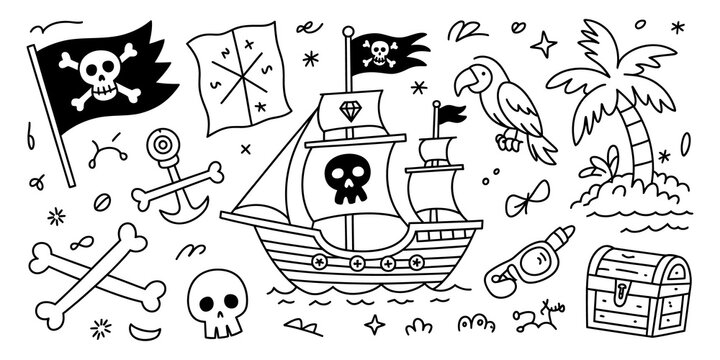 Hand drawn pirate ship and skull elements doodle icons set