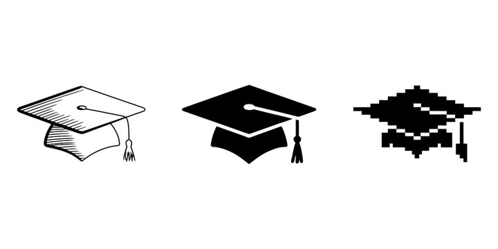 Three different styles of graduation icon caps in black and white