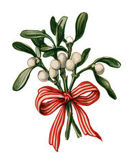 Obraz premium PNG Festive mistletoe sprig with red striped ribbon on textured paper