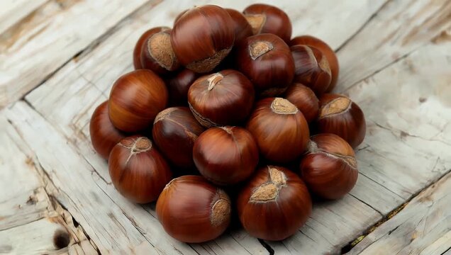 Rustic 4K Ultra HD top-down close-up rotation video showcasing a large pile of organic unshelled chestnuts with dark brown shells resting on a heavily textured cracked light wood surface