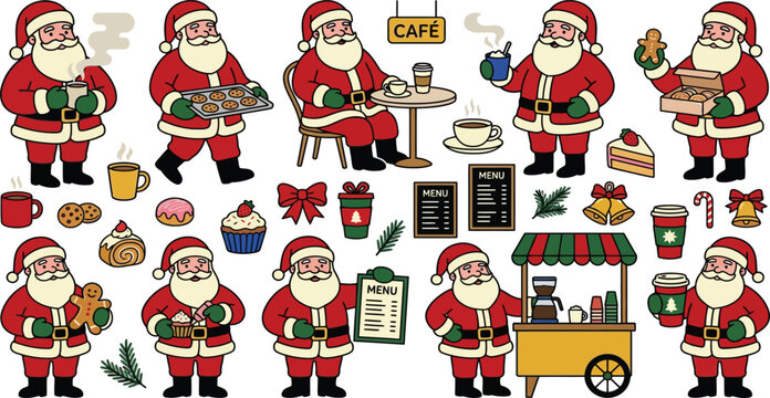 Santa claus christmas cafe and bakery collection with hot drinks cookies menu and holiday treats graphic elements santa barista christmas coffee gingerbread man santa character holiday food