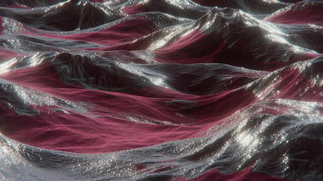 Abstract flowing crimson and silver metallic waves on a dark background, evoking luxury, motion, energy, and futuristic texture