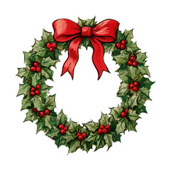 Obraz premium PNG Watercolor Christmas wreath with red bow, holly leaves, berries