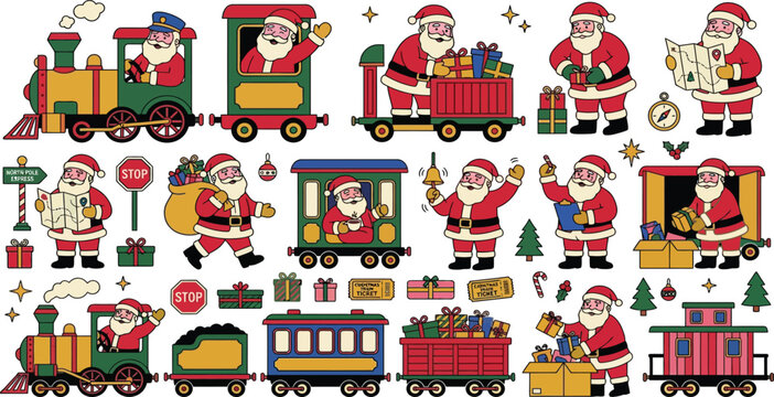 Santa claus driving holiday train and delivering christmas presents with holiday delivery presents gifts christmas express christmas vector festive train christmas presents delivery seasonal