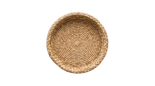 Top view of a round woven wicker basket made of natural seagrass, isolated on transparent background