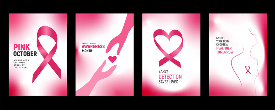 Breast Cancer Awareness Pink October Poster Set with Pink Ribbon, Four Healthcare Campaign Designs for Poster, Banner, Social Media and Charity Promotion