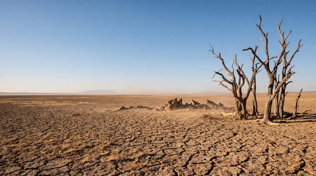 Barren desert landscape with cracked dry earth, dead trees, drifting dust and distant mountains under clear blue sky in severe drought and arid climate