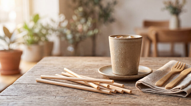 Iced coffee in ceramic cup with bamboo straws and wooden cutlery on rustic table in warm sunlit cafe interior with plants and sustainable lifestyle vibe